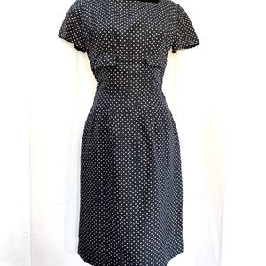 Vintage 50s / 60s Mad Men Navy Blue Polka Dot Dress, Size M